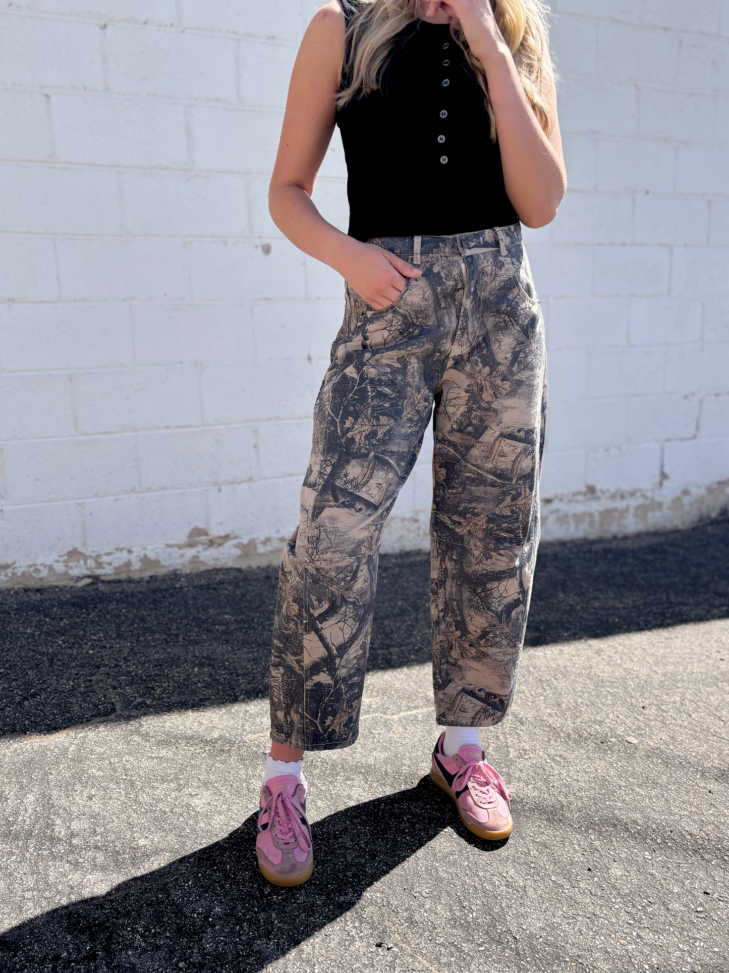 Camo barrel leg jeans