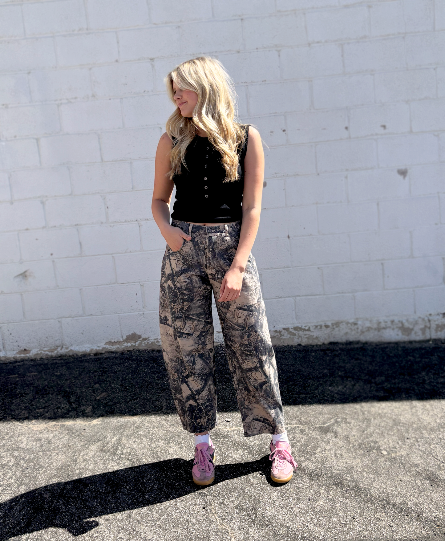 Camo barrel leg jeans