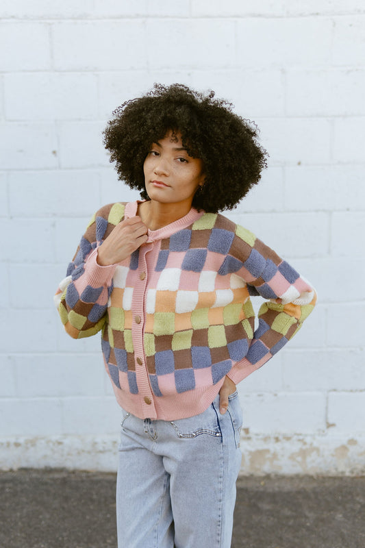 Multicolored checkered button up cardigan