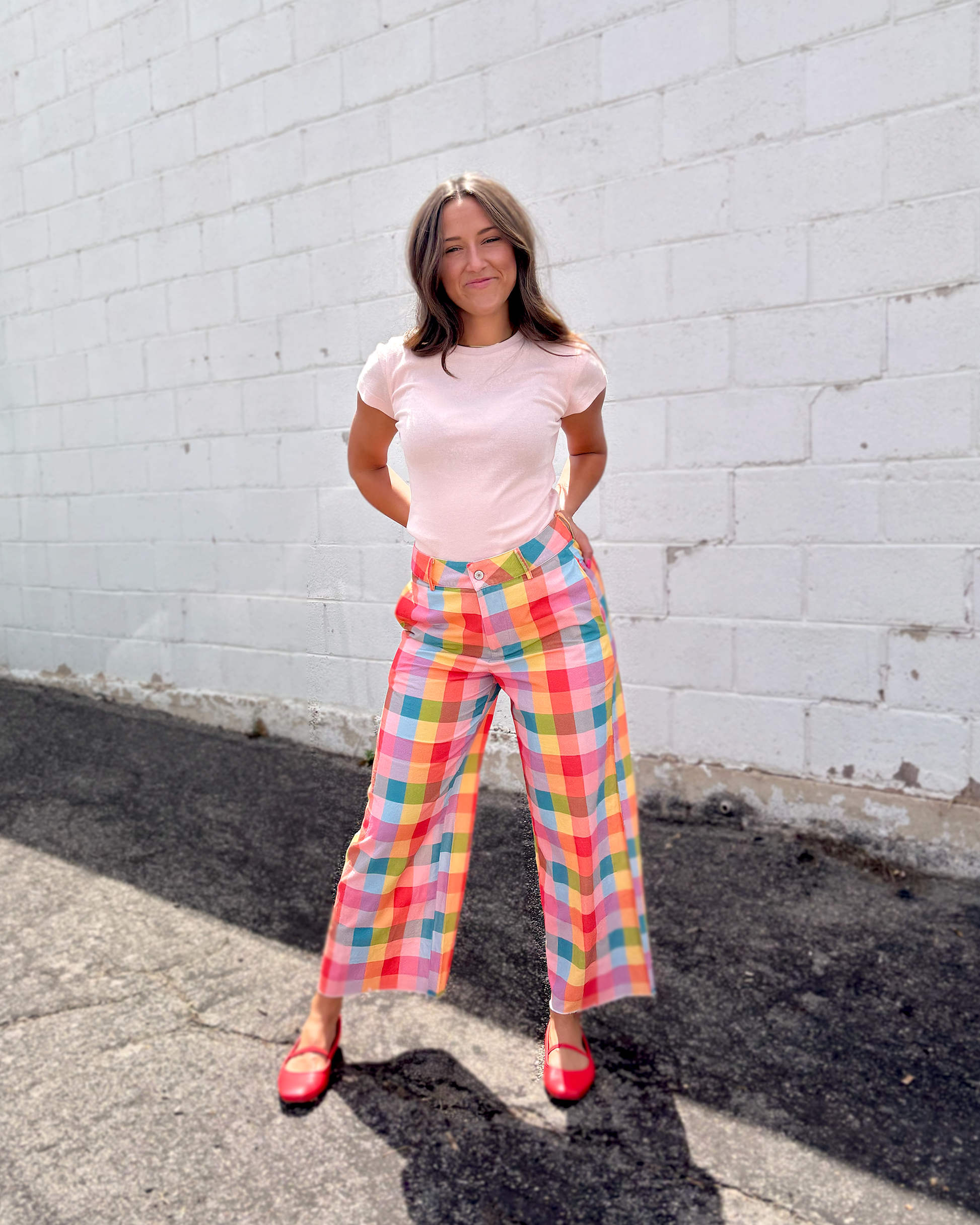 Multi-colored plaid wide leg pants