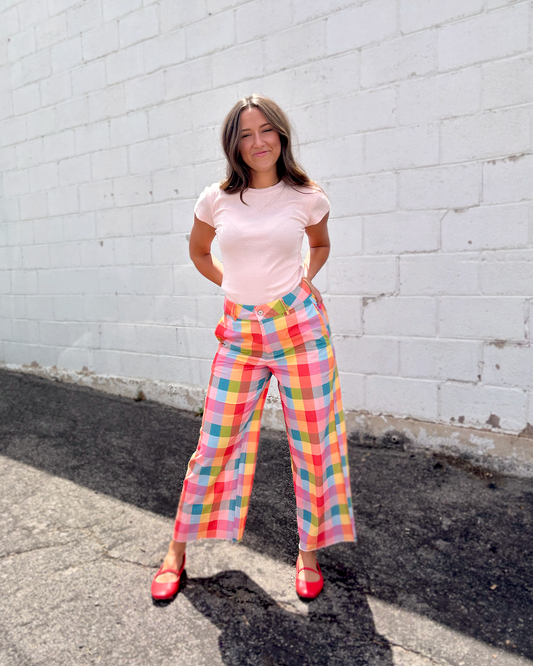 Multi-colored plaid wide leg pants