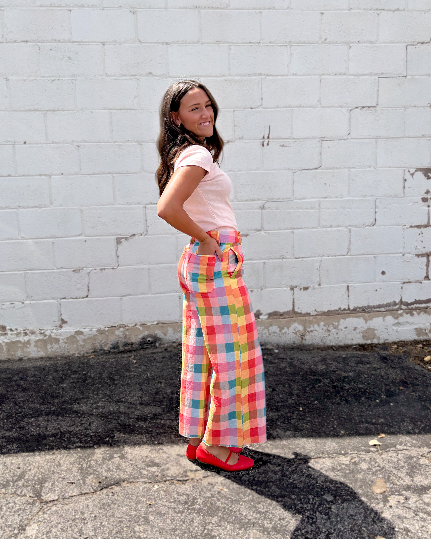 Multi-colored plaid wide leg pants