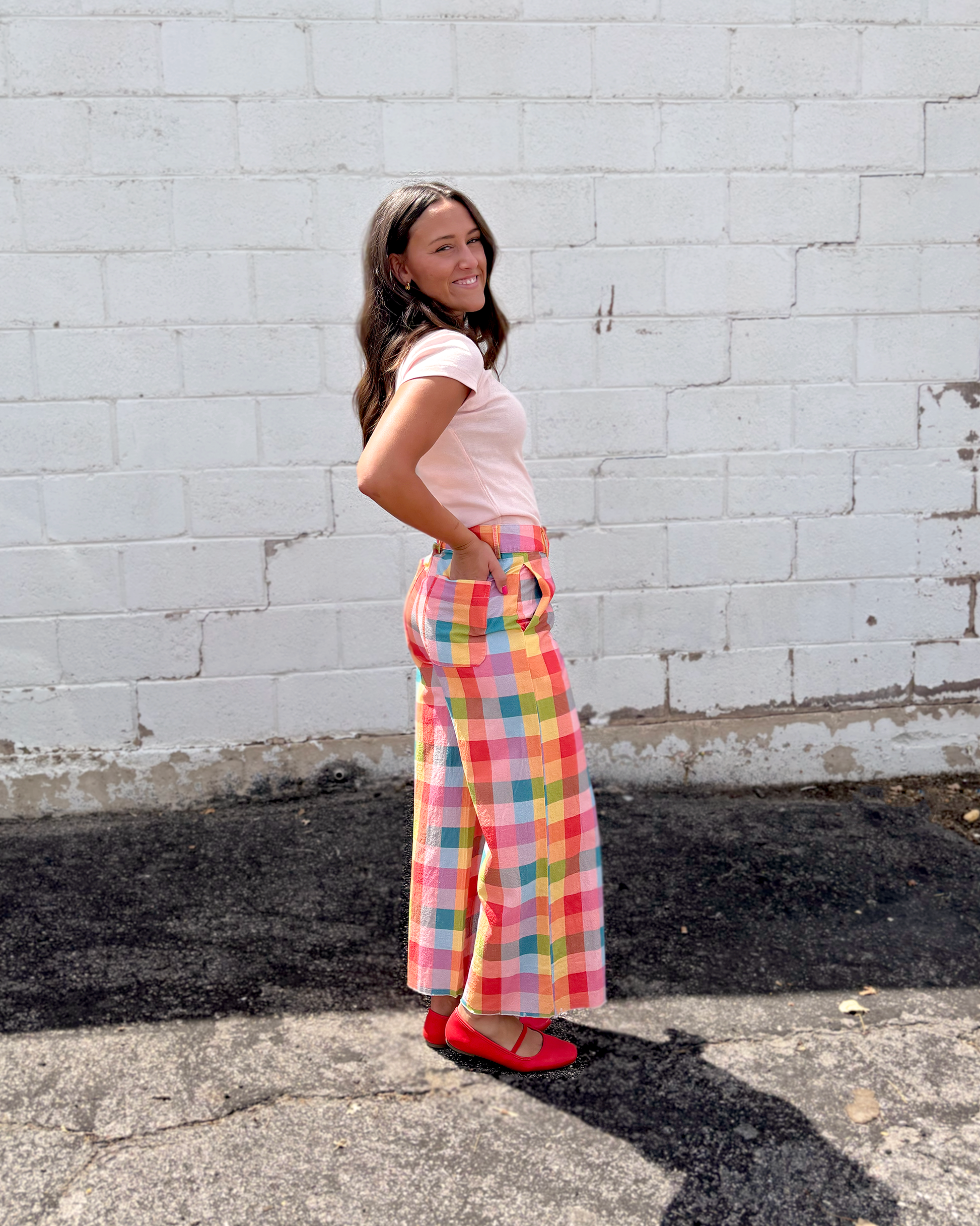 Multi-colored plaid wide leg pants