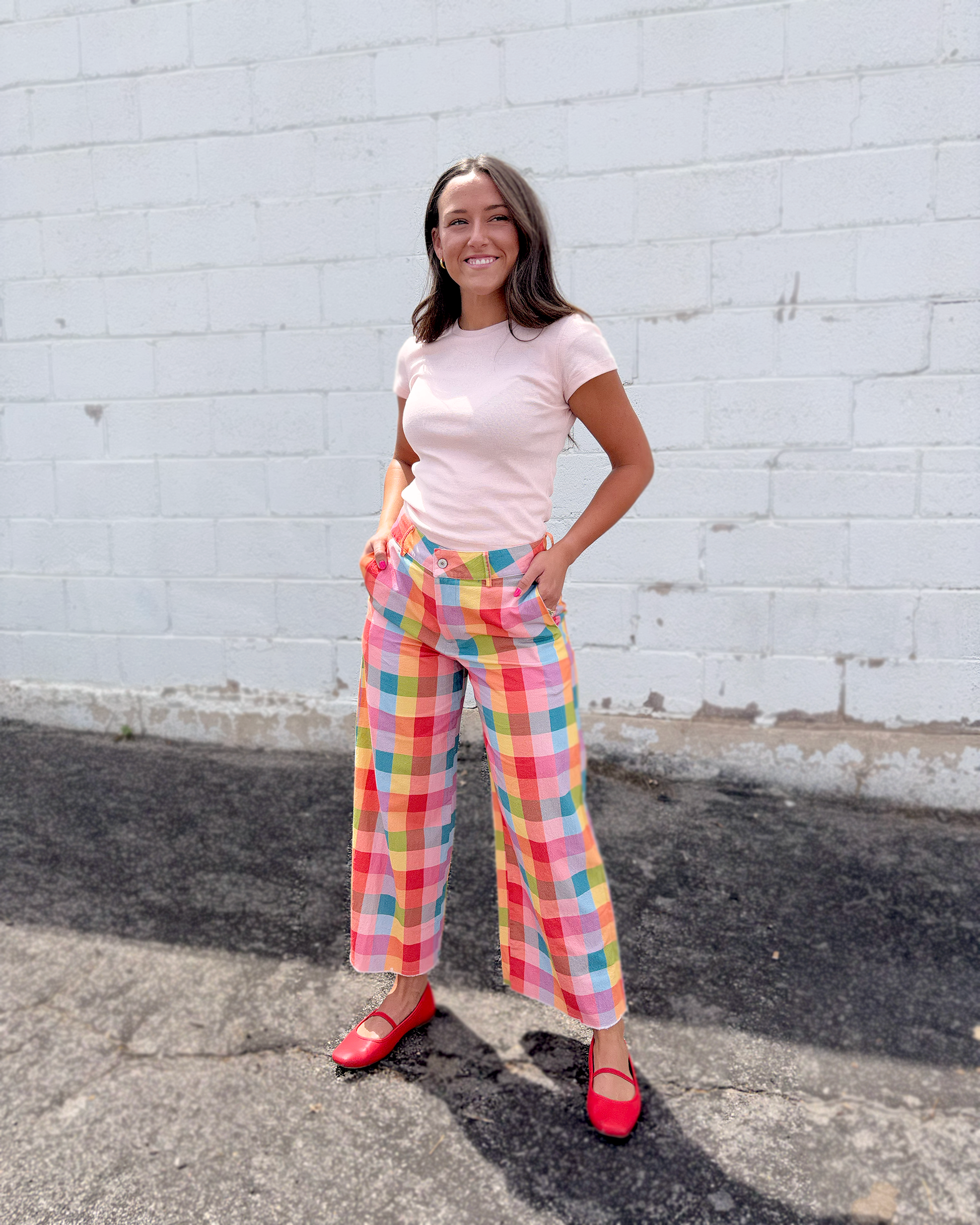 Multi-colored plaid wide leg pants