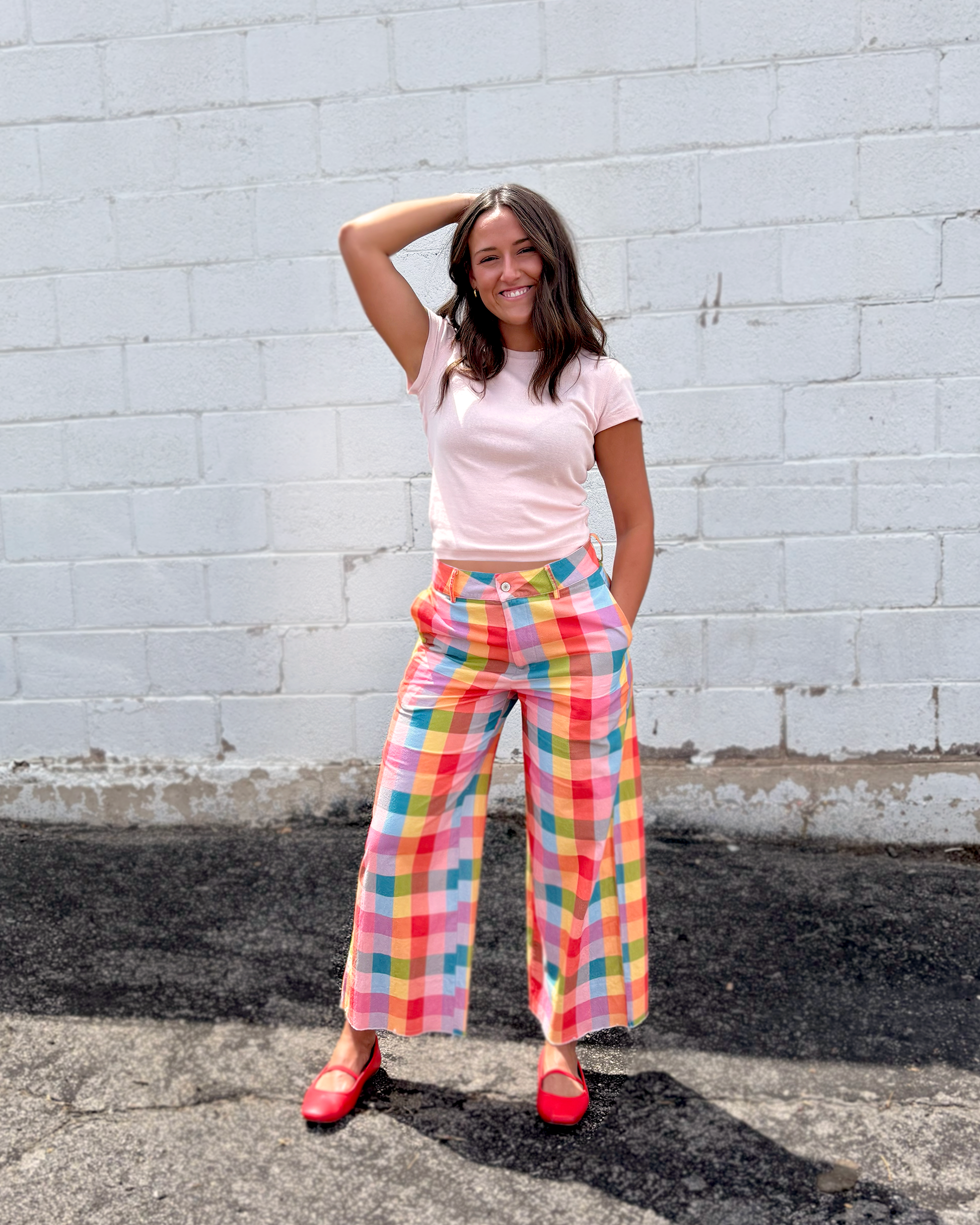 Multi-colored plaid wide leg pants