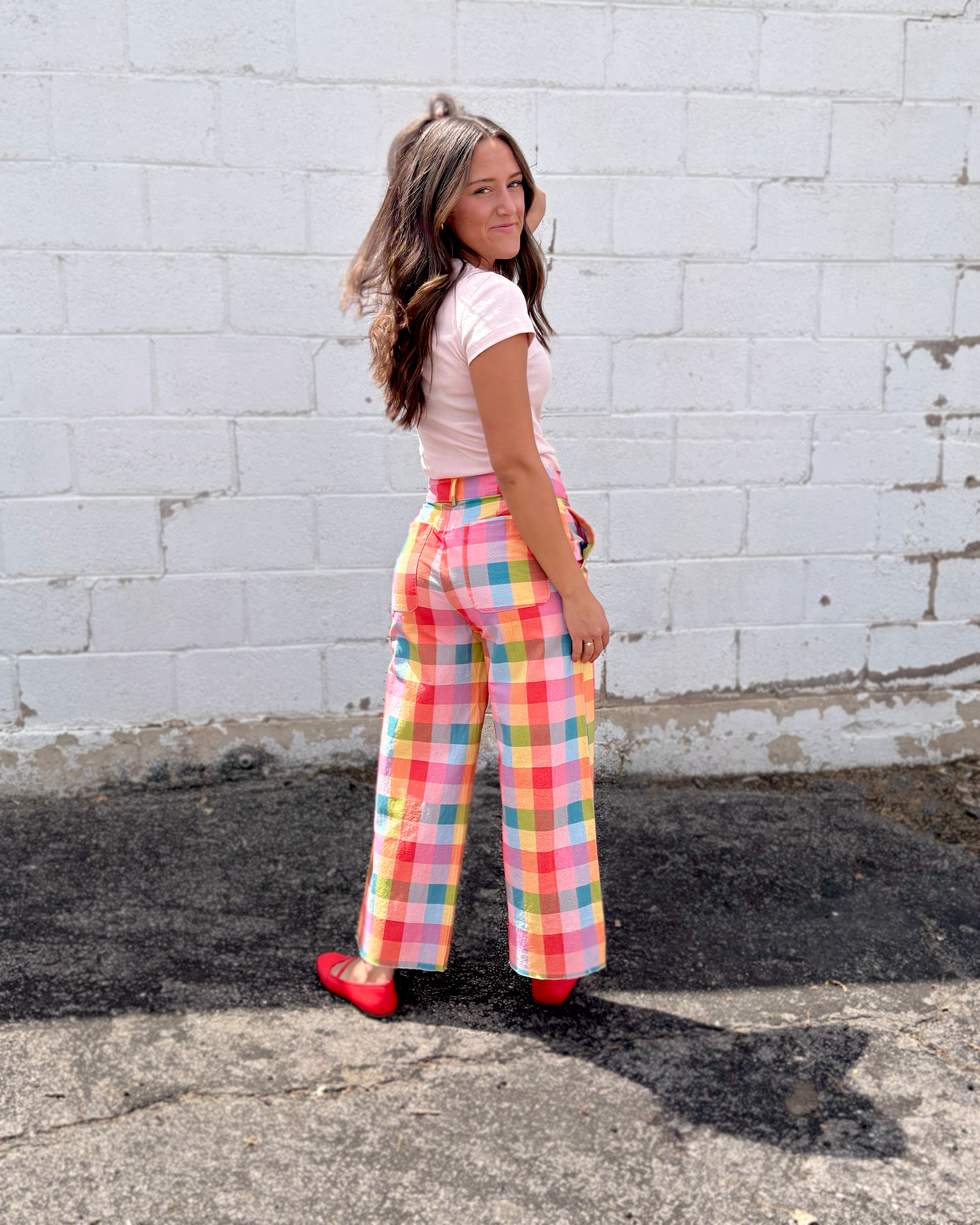 Multi-colored plaid wide leg pants