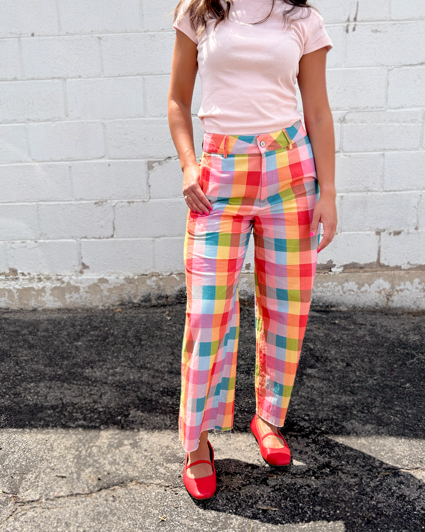 Multi-colored plaid wide leg pants