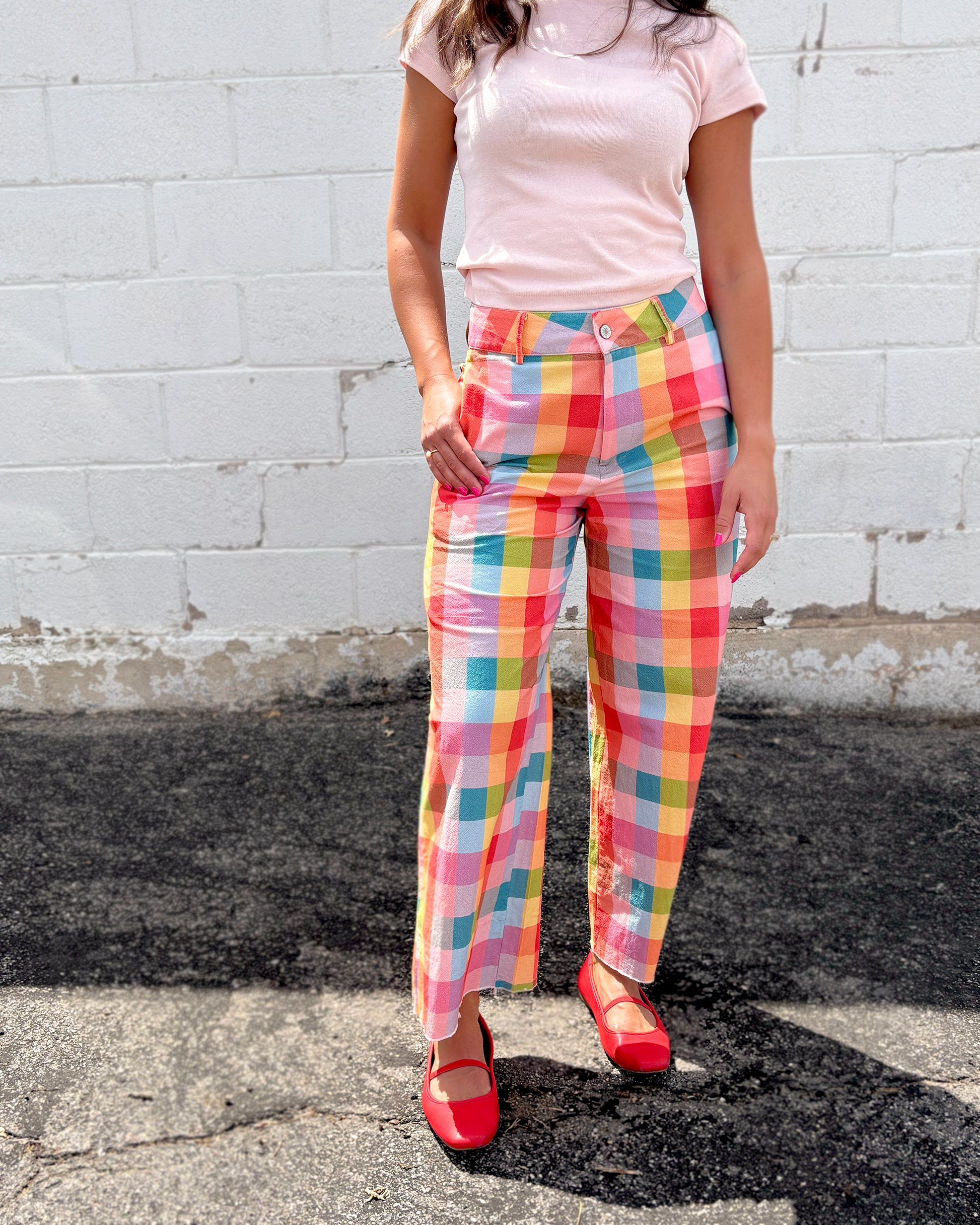 Multi-colored plaid wide leg pants