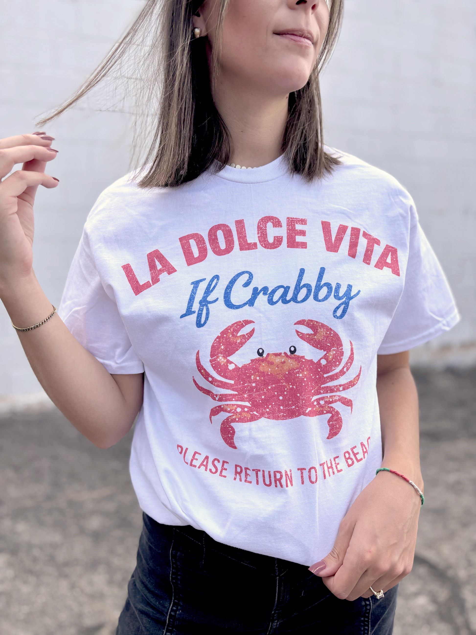 Cute beach tee with a crab graphic and beach sayings