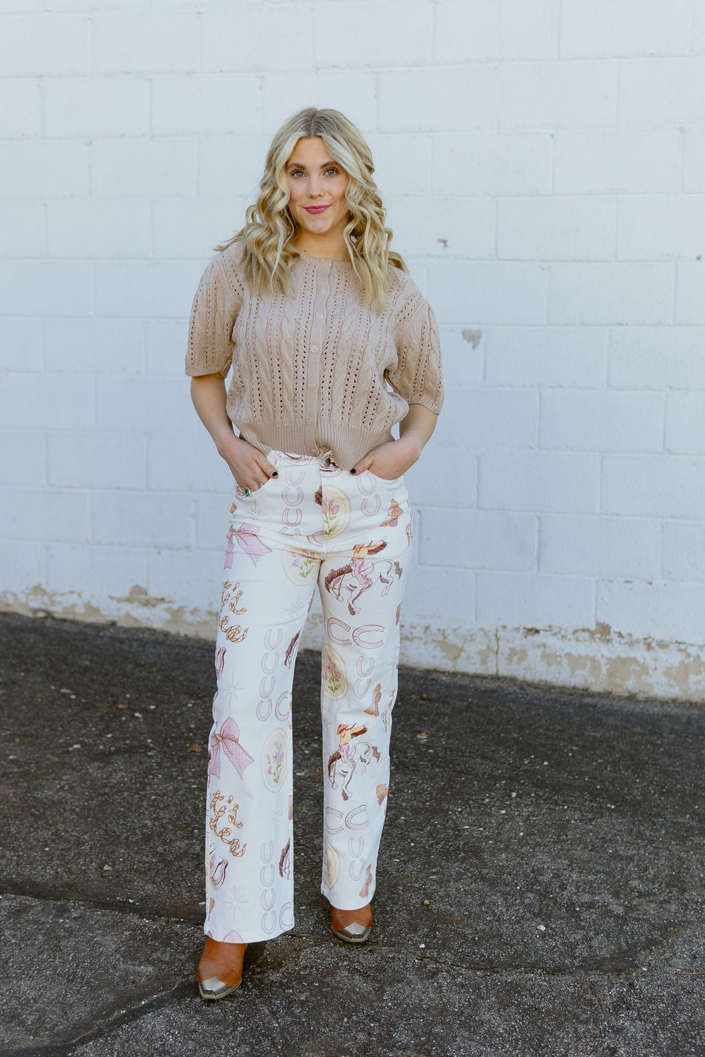 Cute cowboy print jeans with bows, horses and horseshoes