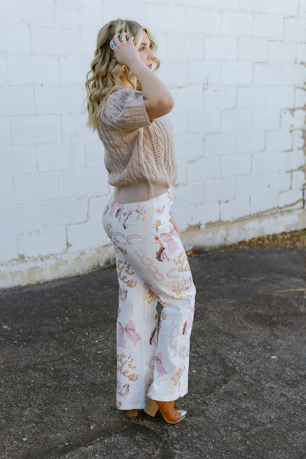 Cute cowboy print jeans with bows, horses and horseshoes