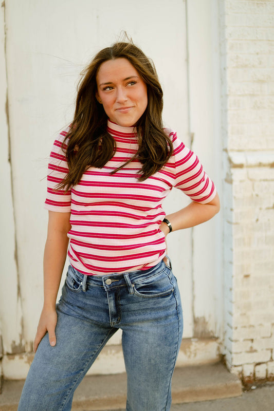 Pink striped ribbed tee with mock neck collar