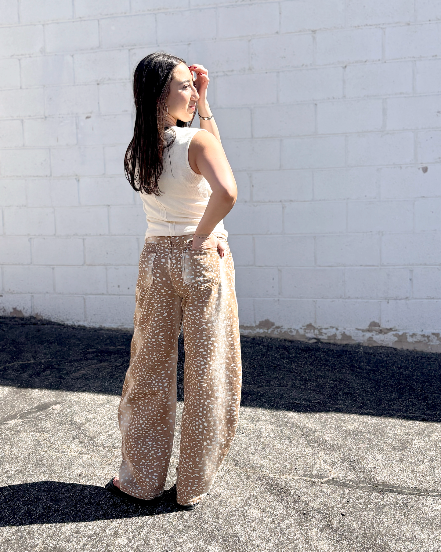 Tan deer print barrel jeans