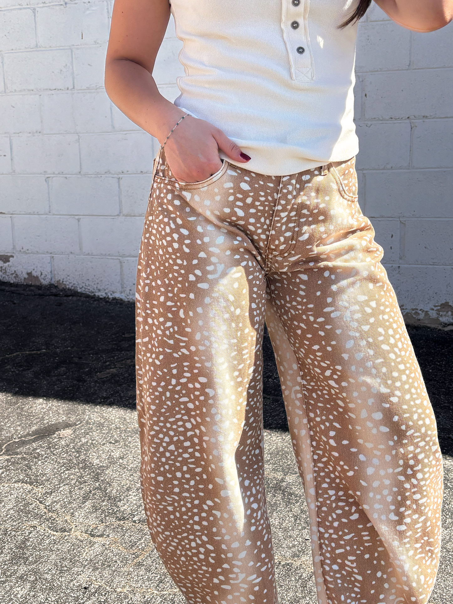 Tan deer print barrel jeans