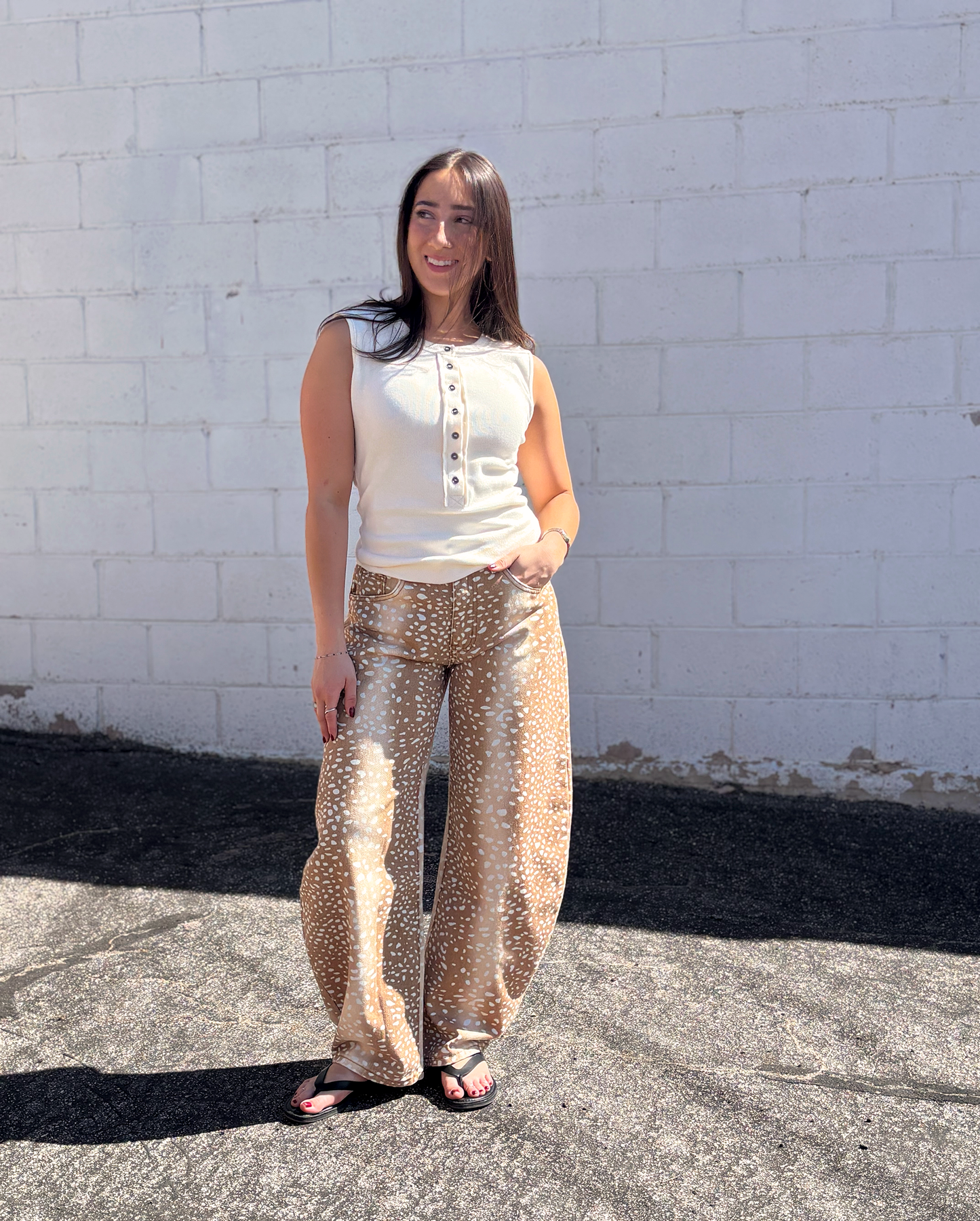 Tan deer print barrel jeans