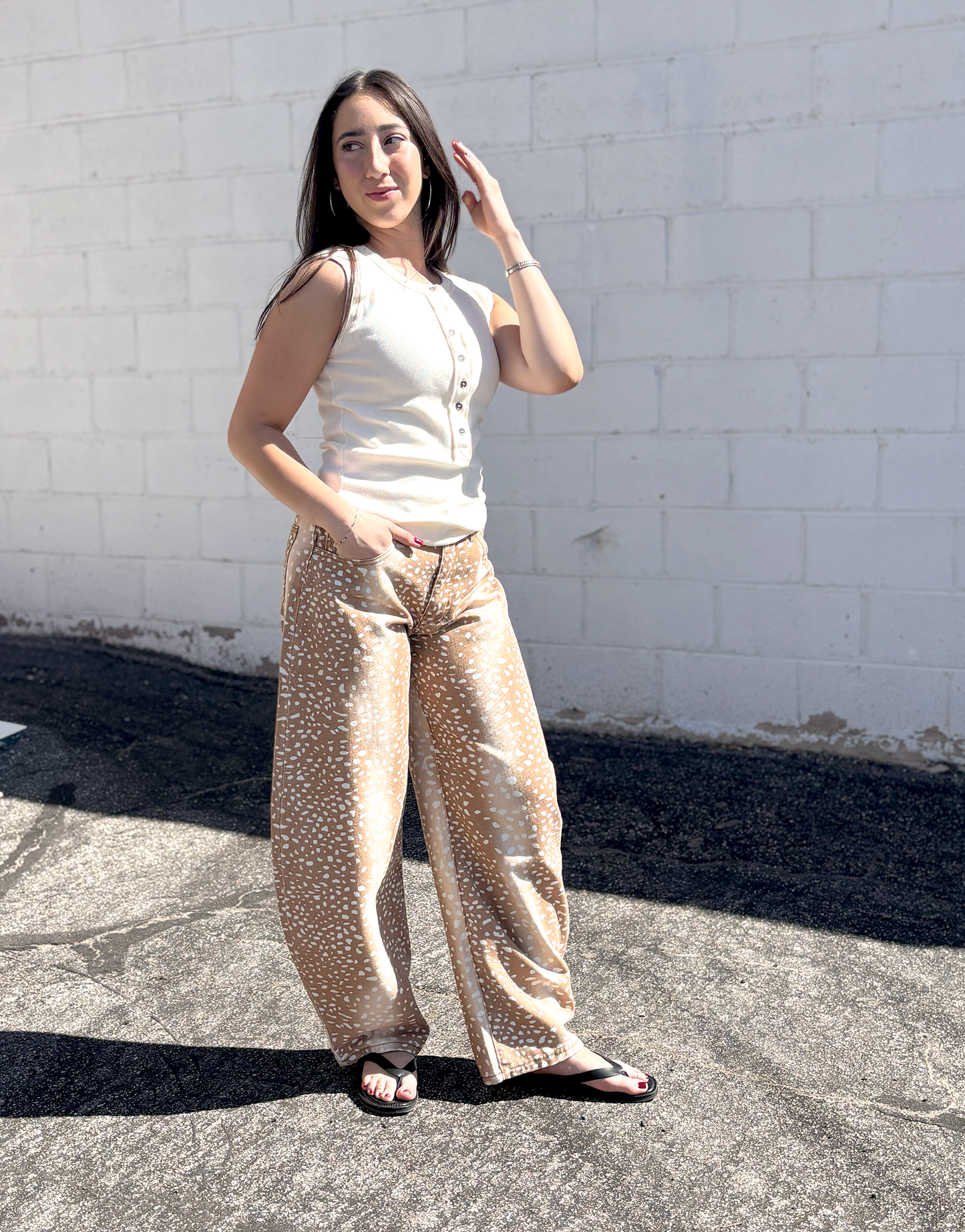 Tan deer print barrel jeans