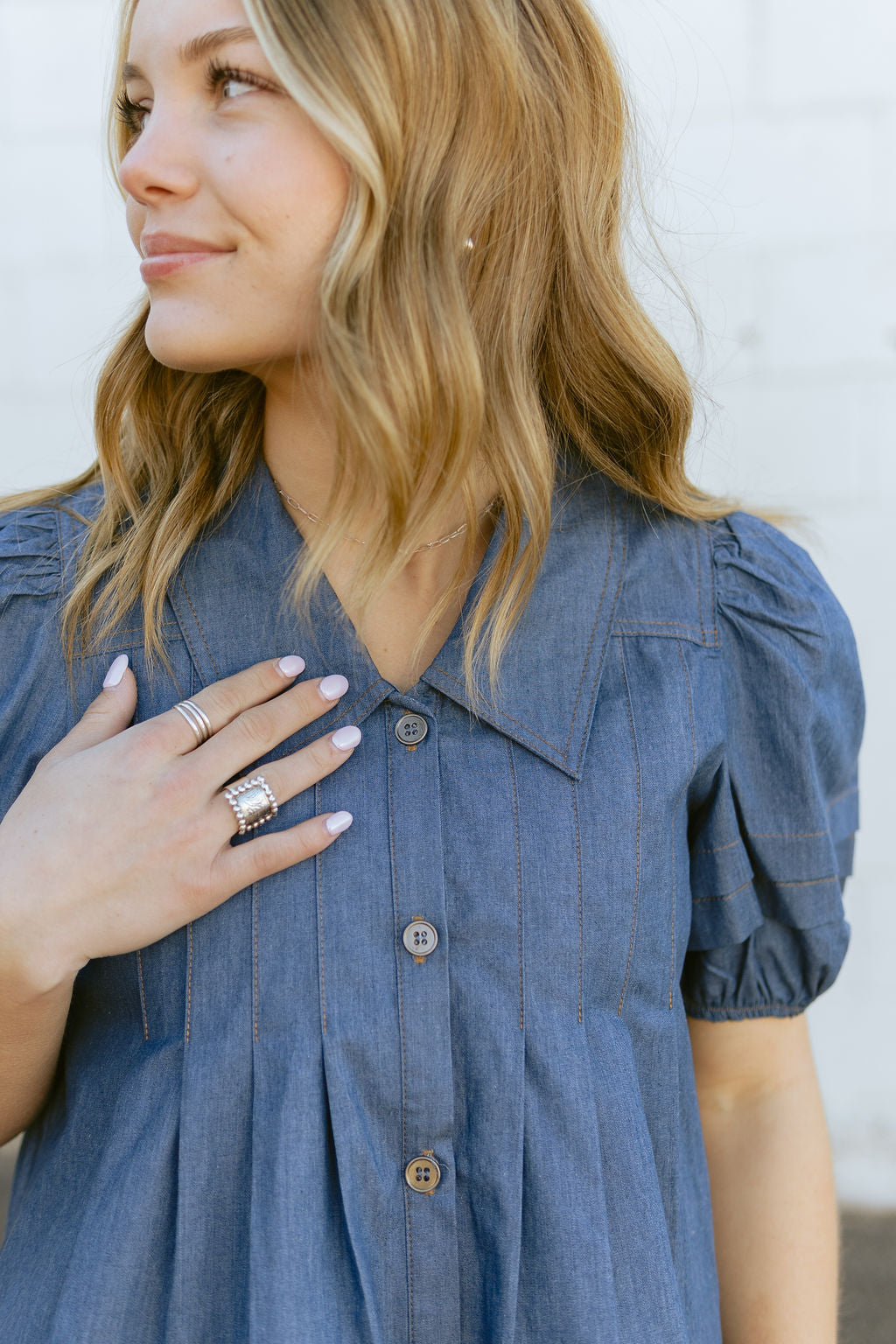 Denim Dress with puff sleeves and button up front