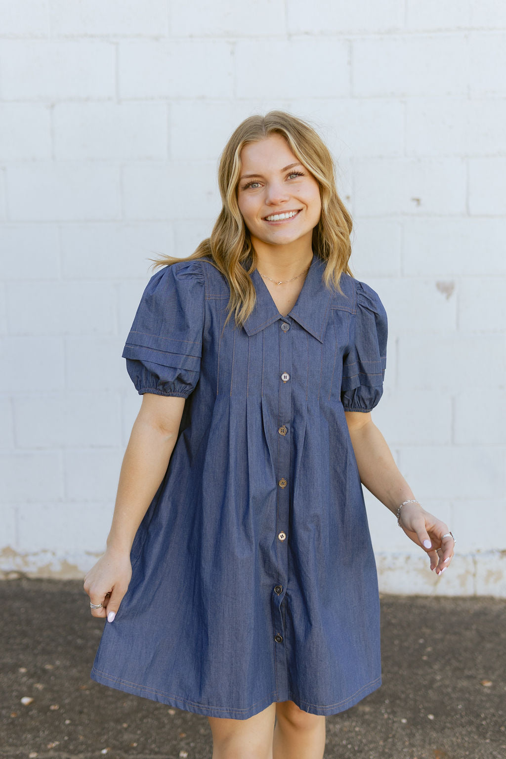 Denim Dress with puff sleeves and button up front