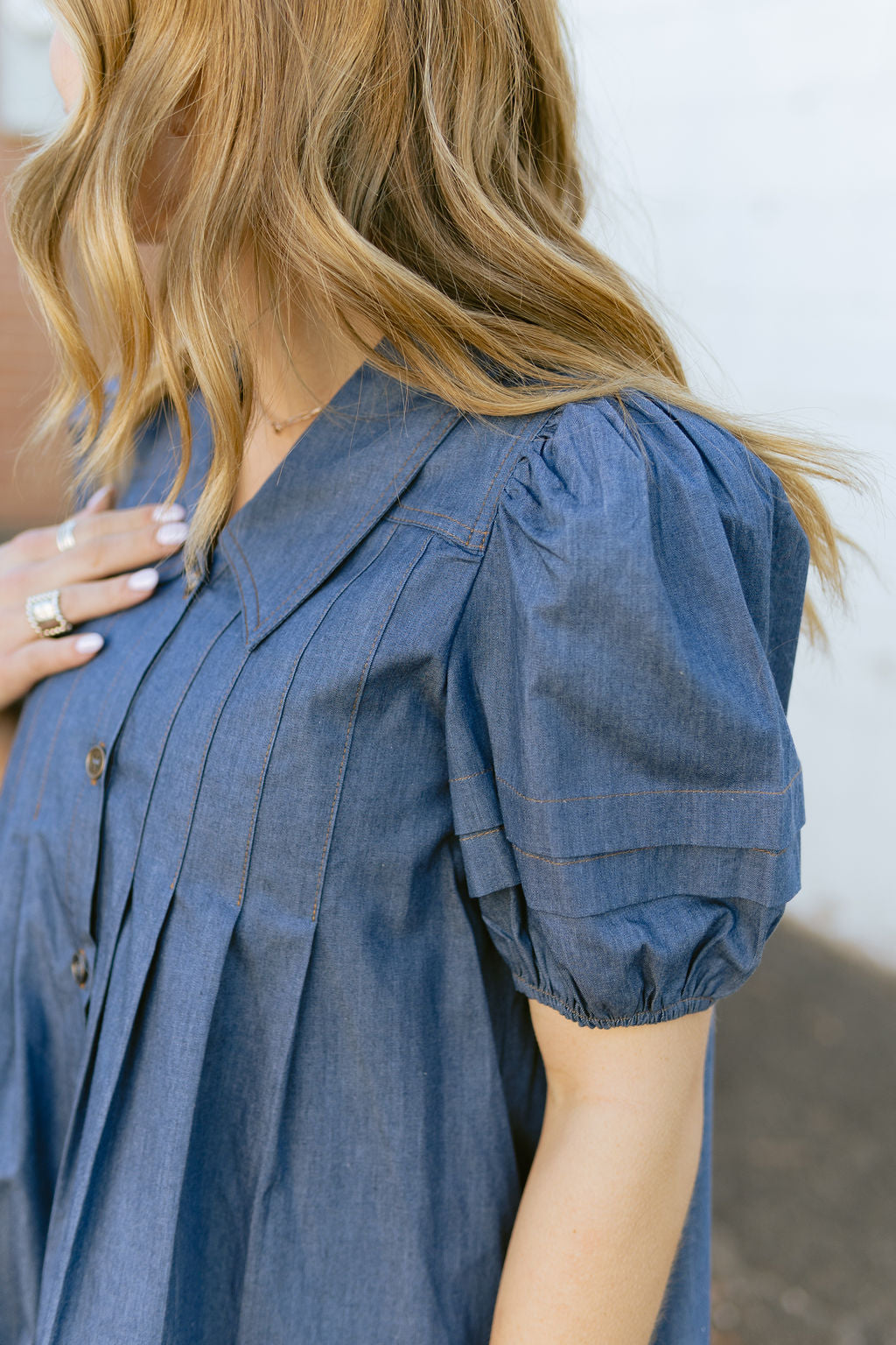 Denim Dress with puff sleeves and button up front