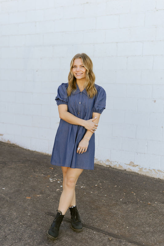 Denim Dress with puff sleeves and button up front