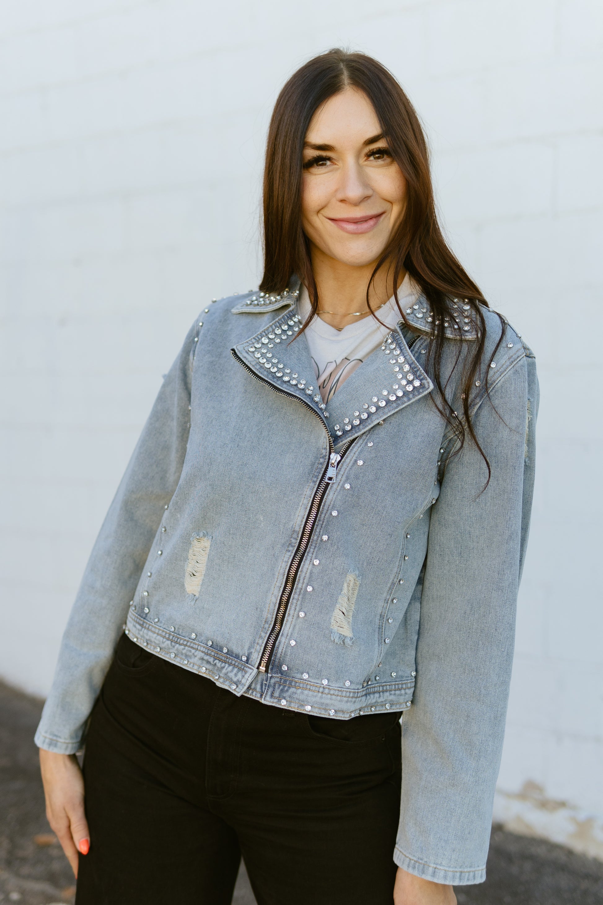 denim jacket with rhinestone details