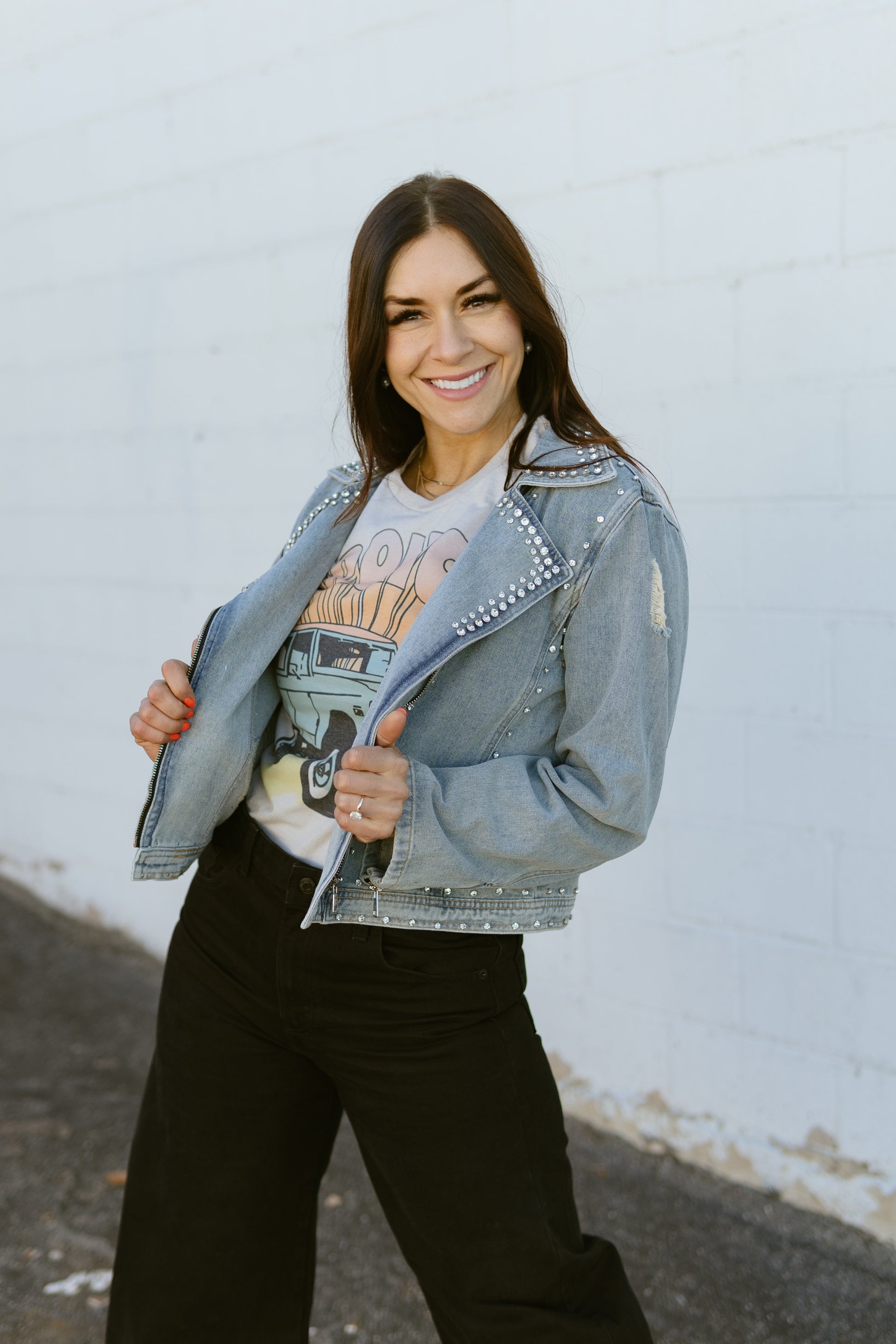 denim jacket with rhinestone details