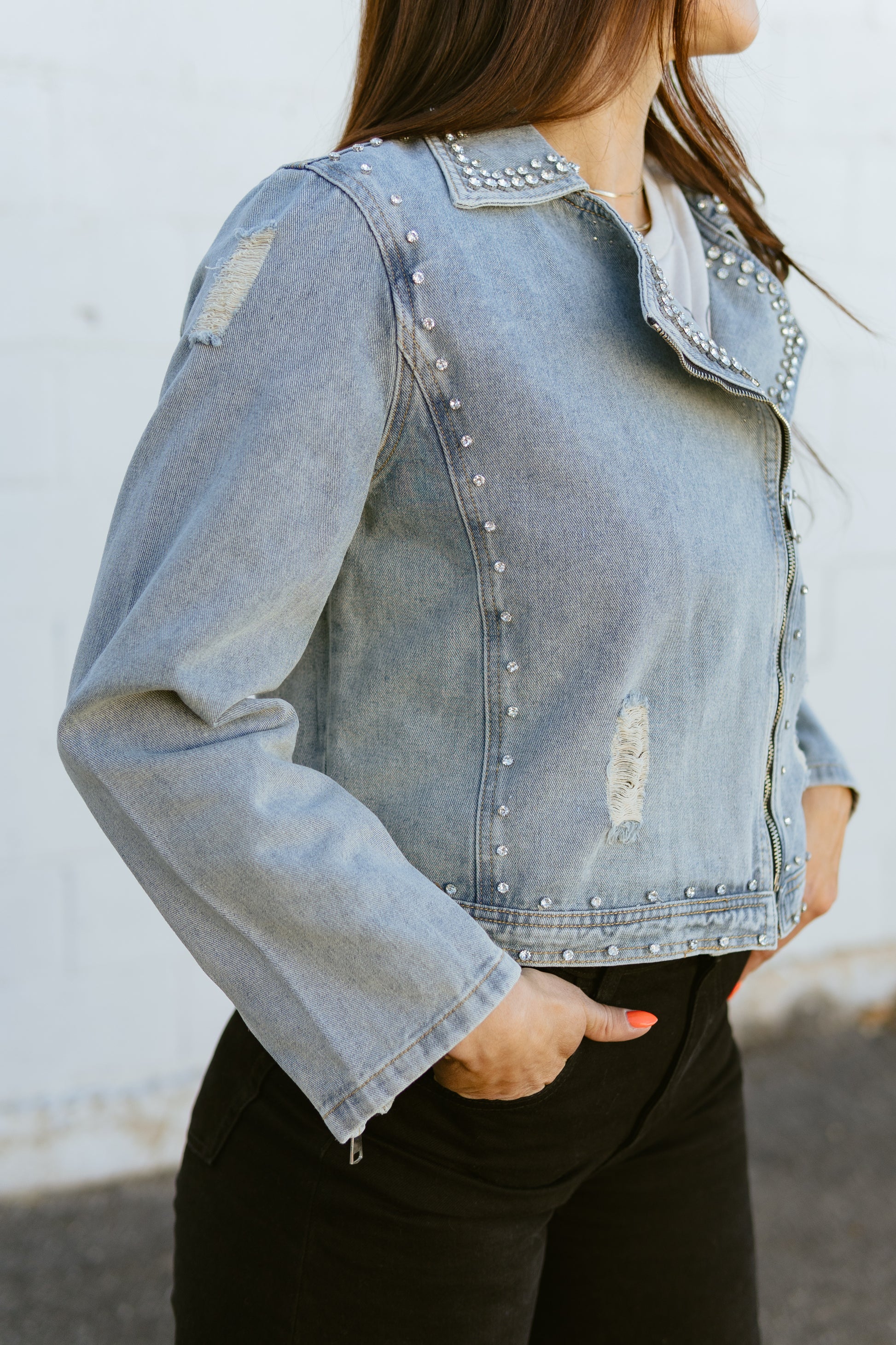 denim jacket with rhinestone details