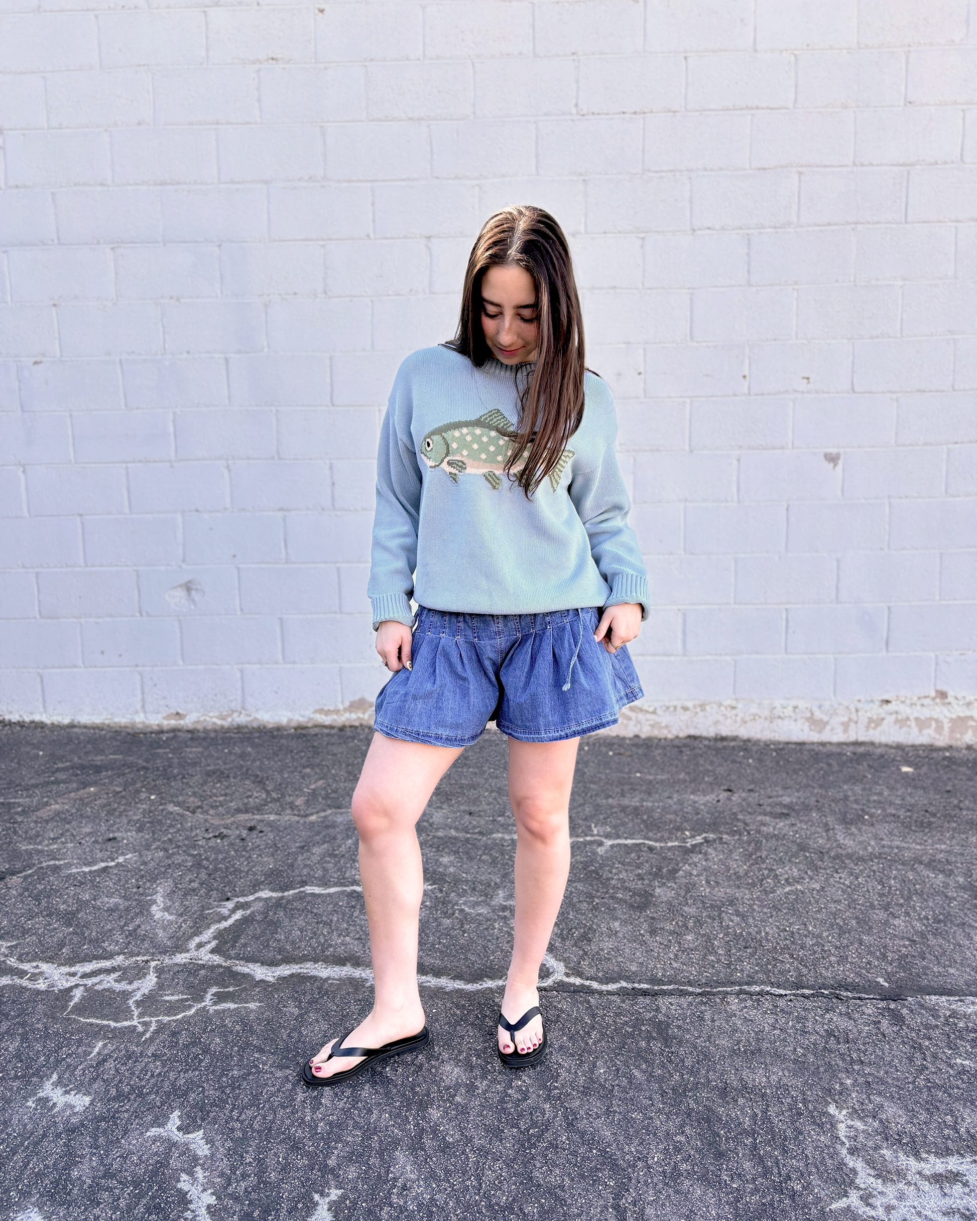 short denim pleated shorts with ties on the sides