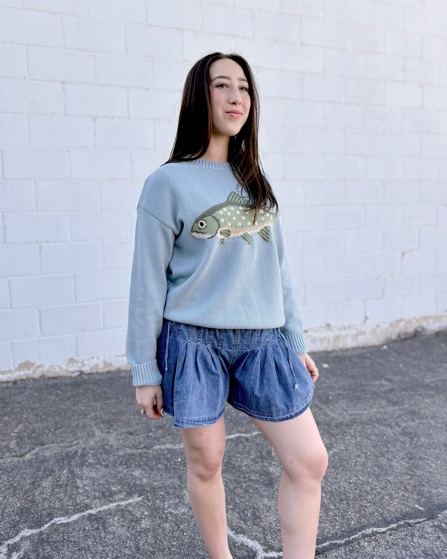 short denim pleated shorts with ties on the sides