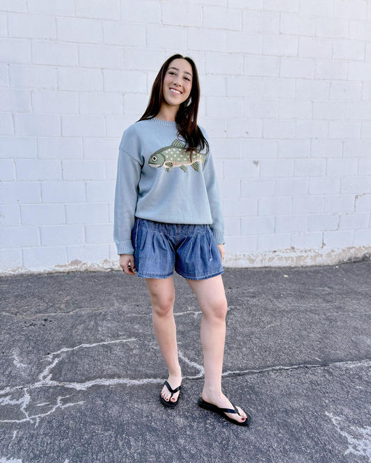 short denim pleated shorts with ties on the sides