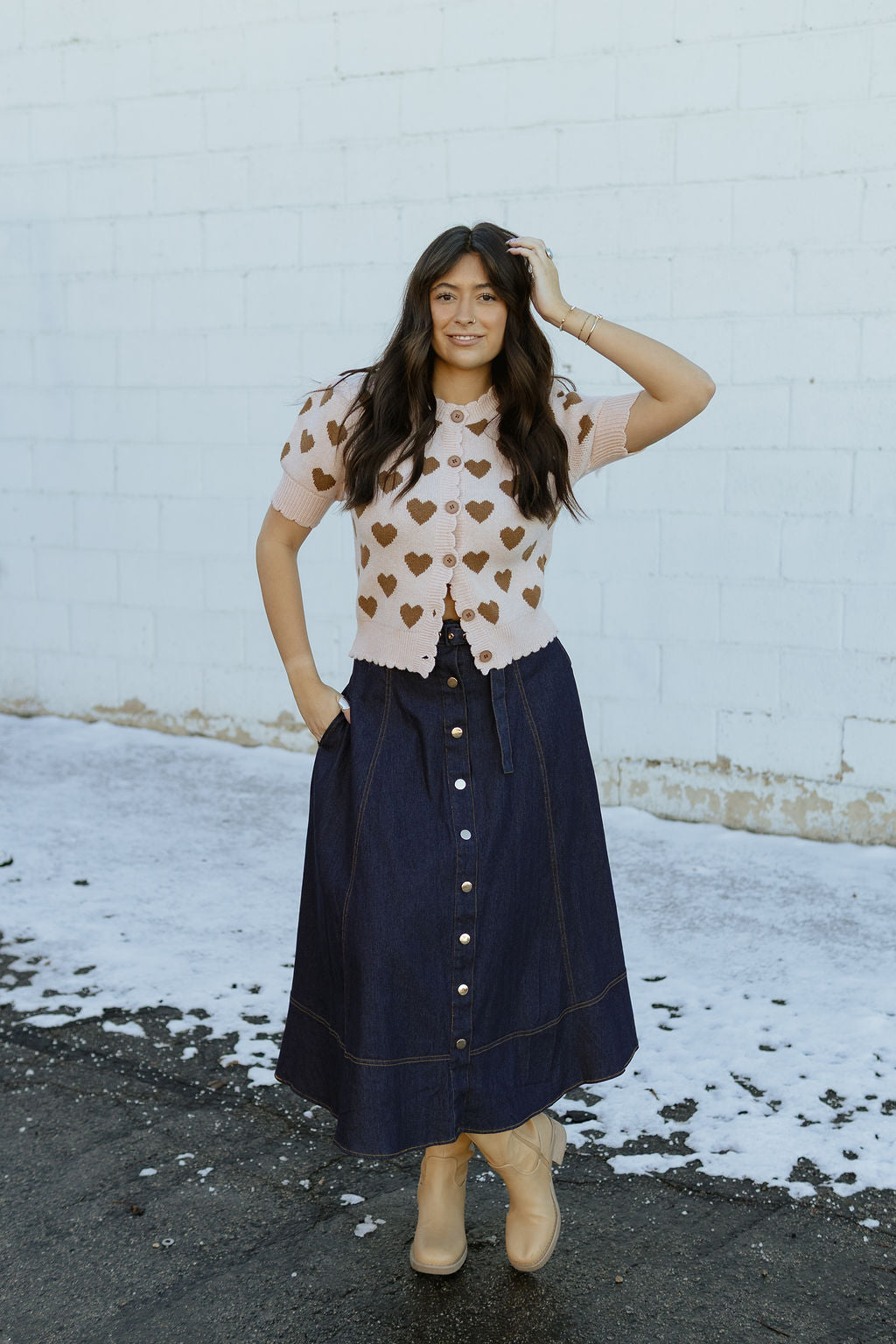 cute denim a-line skirt with buttons up the front
