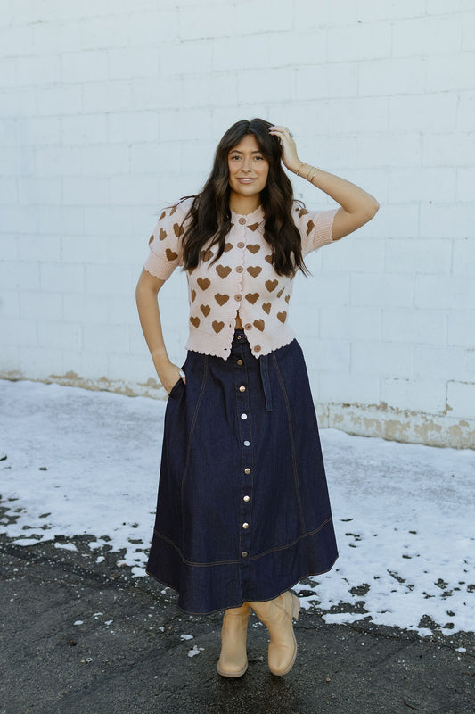 cute denim a-line skirt with buttons up the front