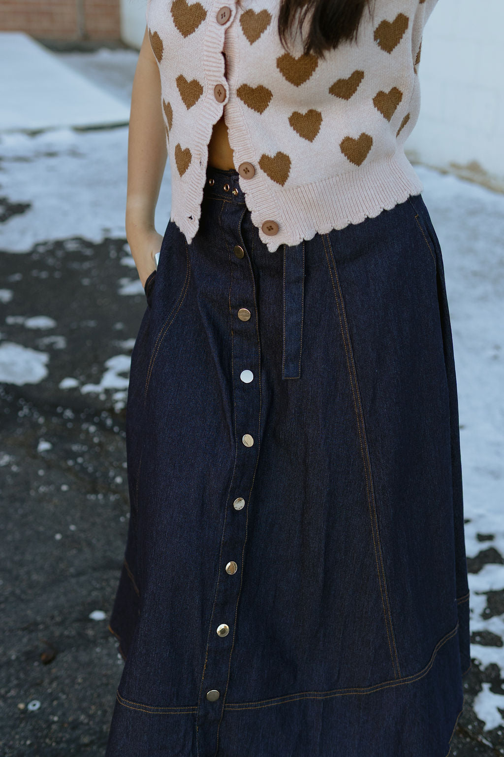 cute denim a-line skirt with buttons up the front