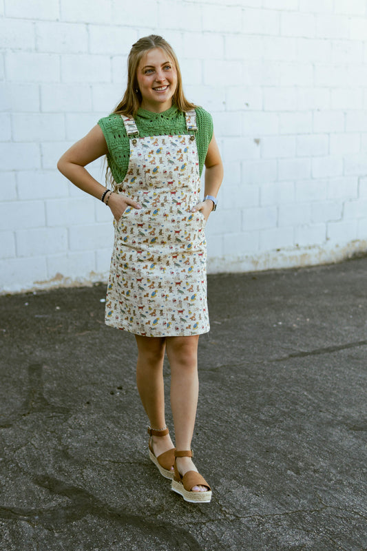 mini overall dress with dog print