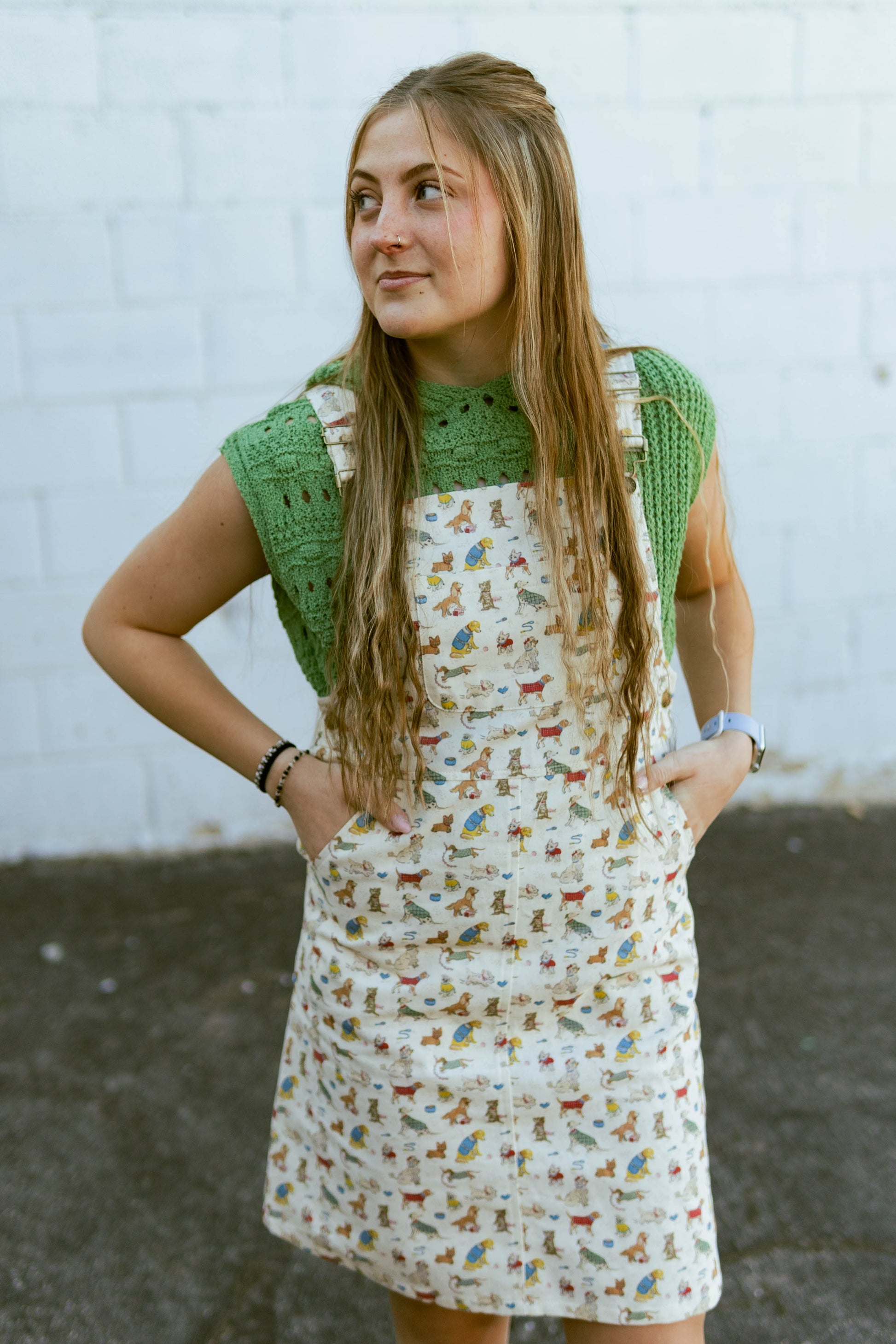 mini overall dress with dog print