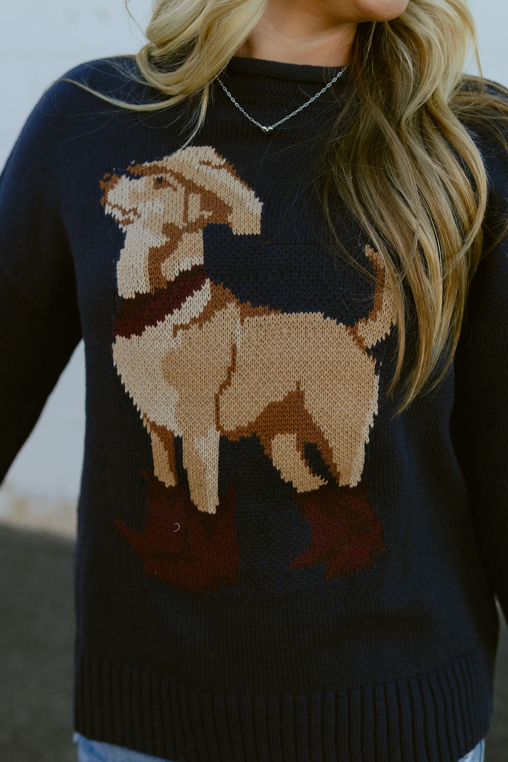 Navy sweater with dog on the front