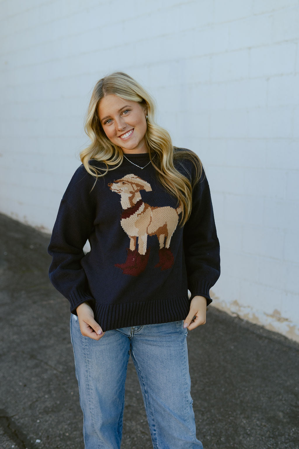 Navy sweater with dog on the front