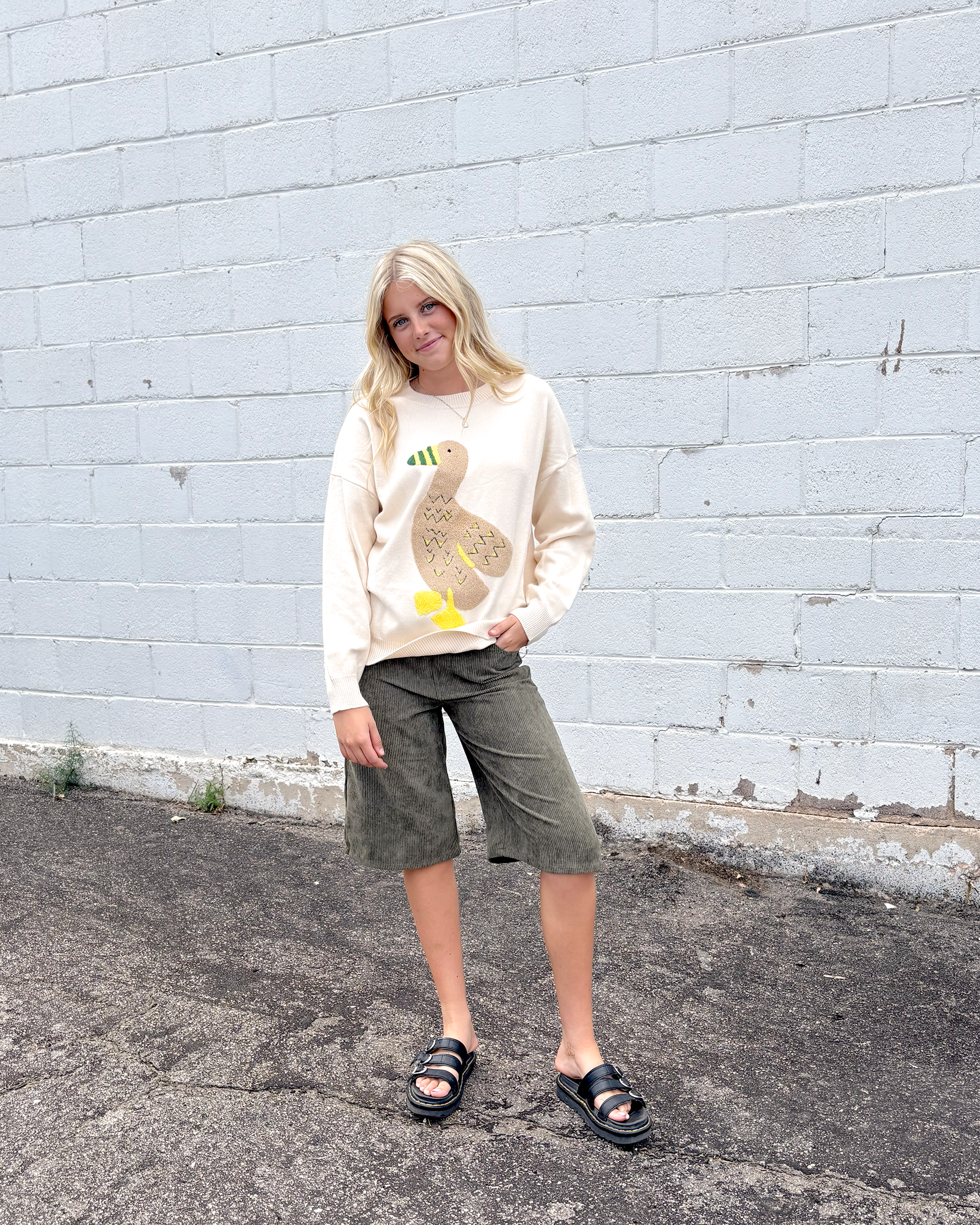 Ivory sweater with appliqué duck on the front