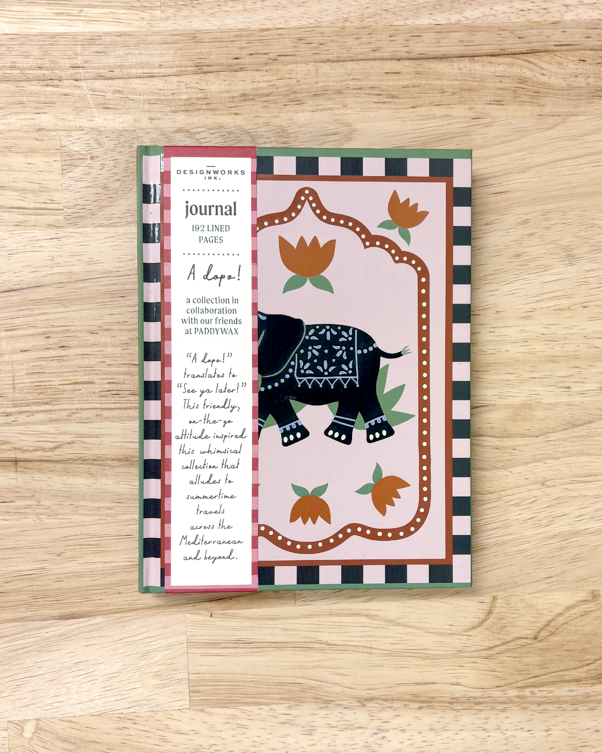 cute journal with elephant on the front and lined pages inside