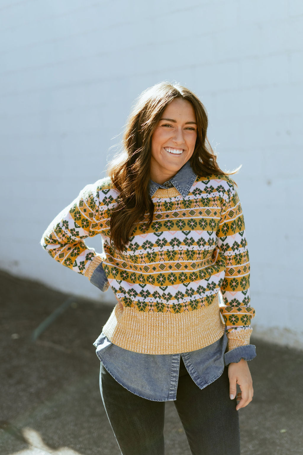 floral print sweater in yellow, pink and green