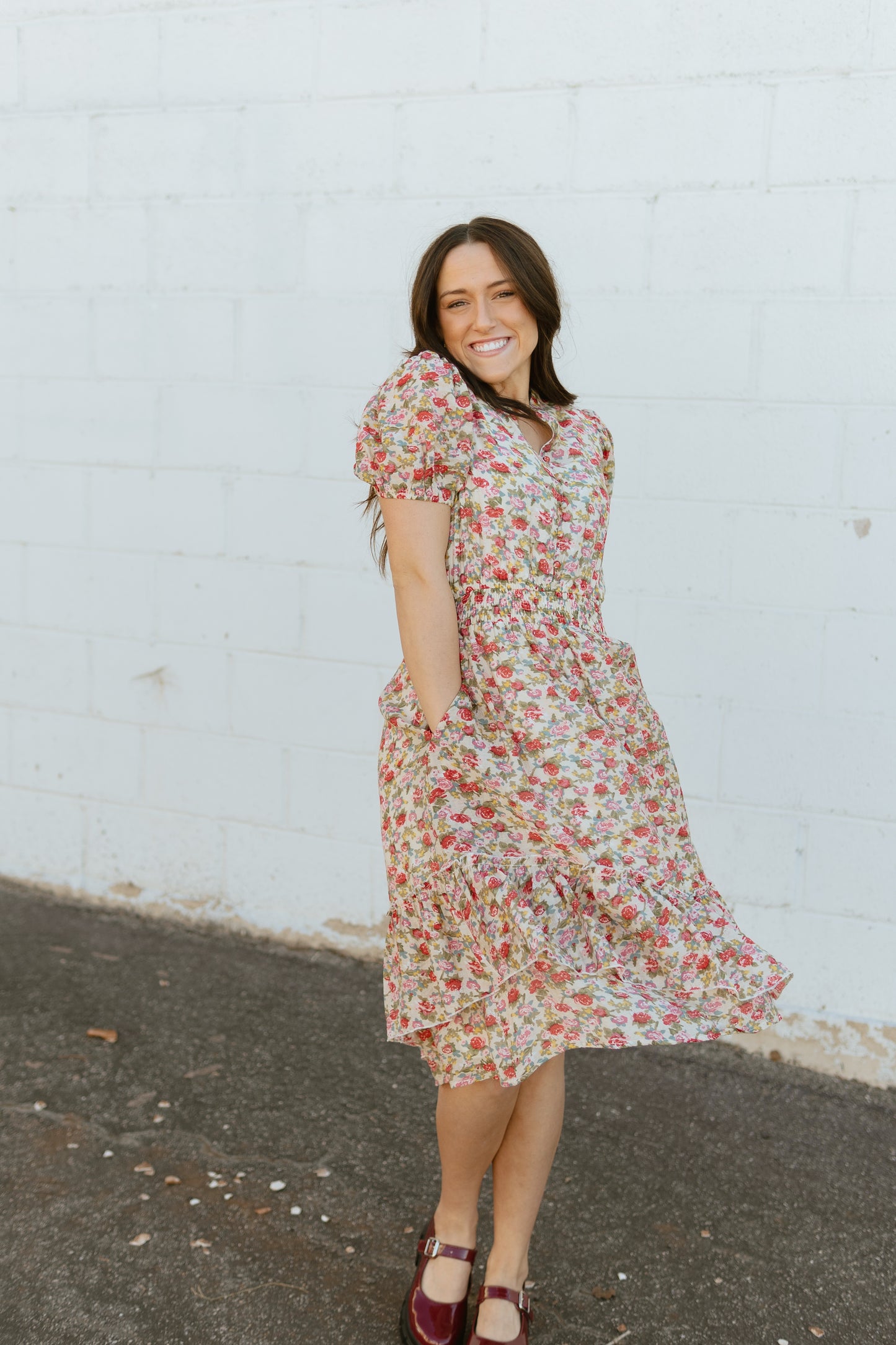 Floral Button Dress with puff sleeves