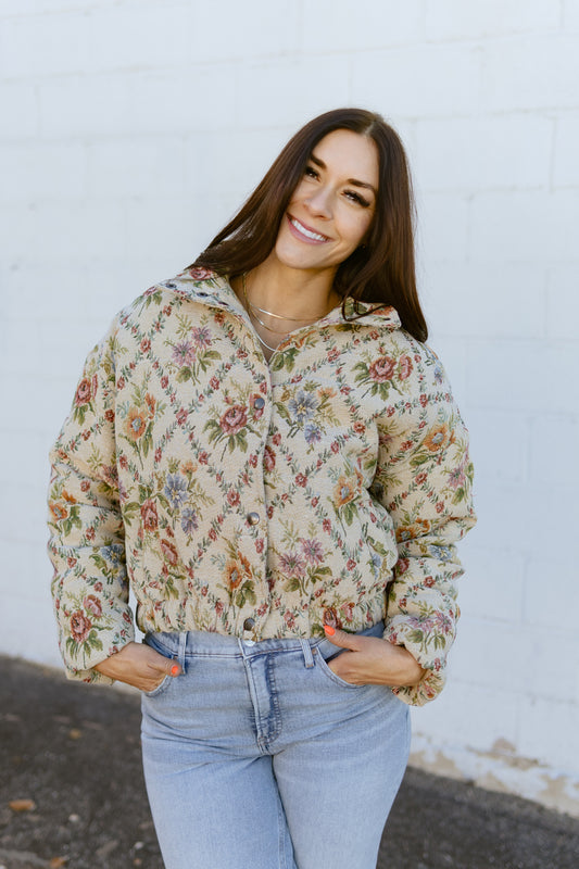 puffer jacquard jacket with floral print