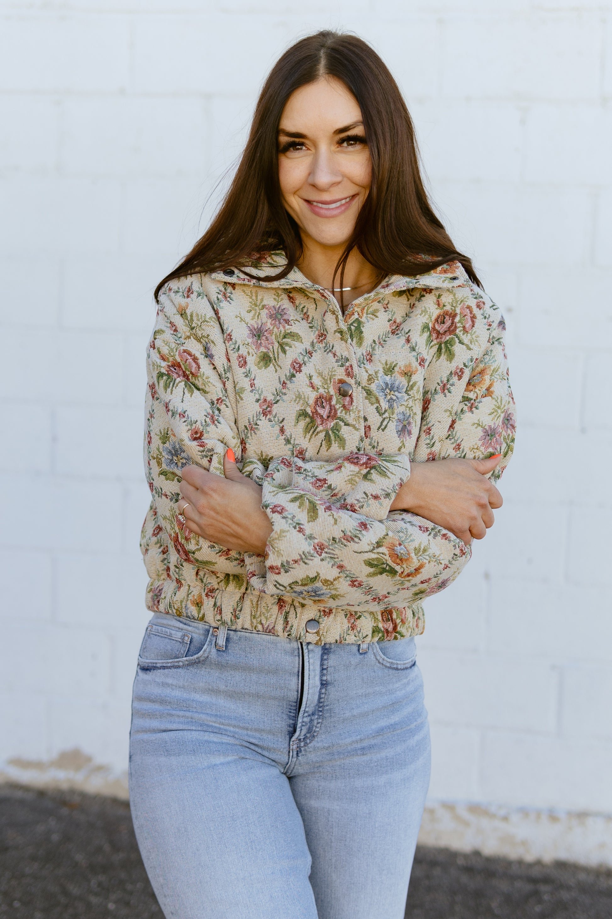 puffer jacquard jacket with floral print