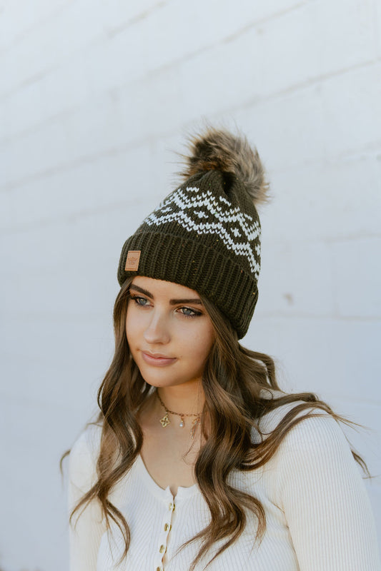 Olive green knit beanie with fur ball on top