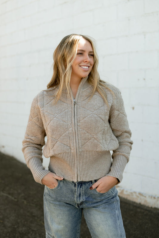 textured zip up jacket with mock neck 