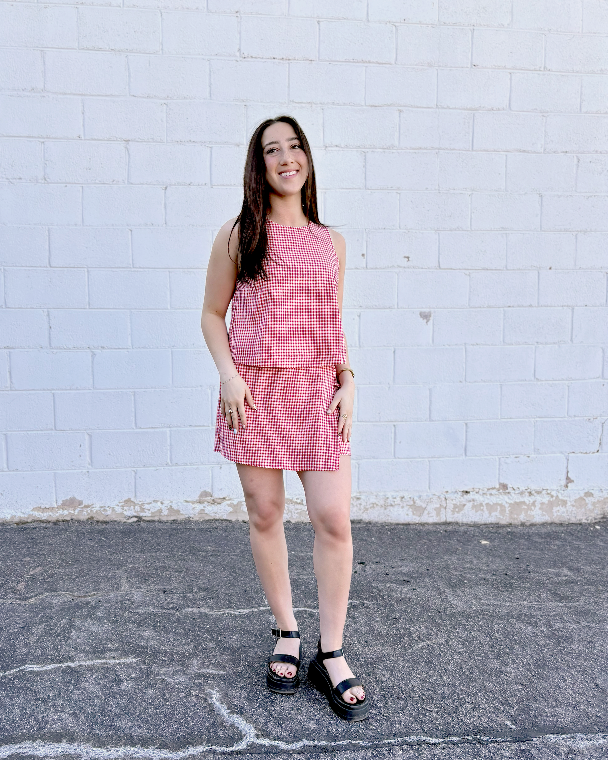 Red Gingham outfit set with sleeveless top and skort