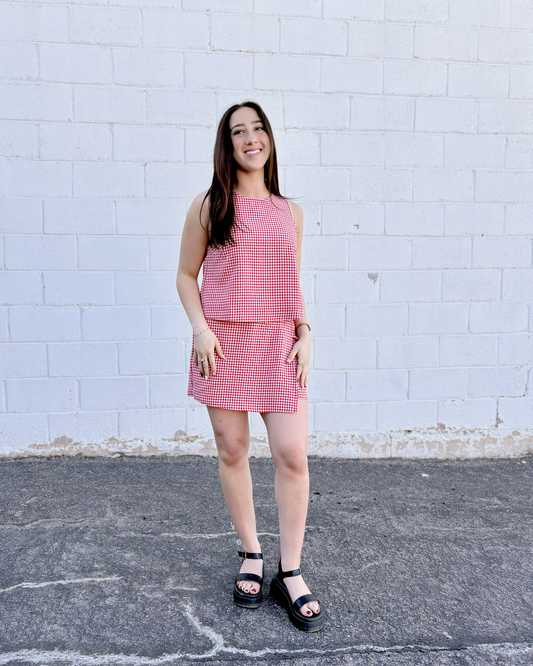 Red Gingham outfit set with sleeveless top and skort