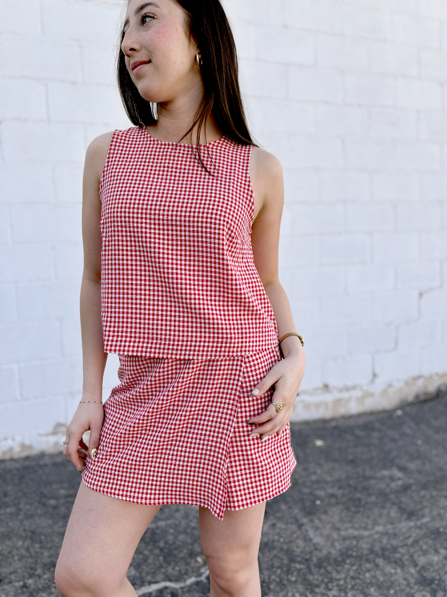 Red Gingham outfit set with sleeveless top and skort