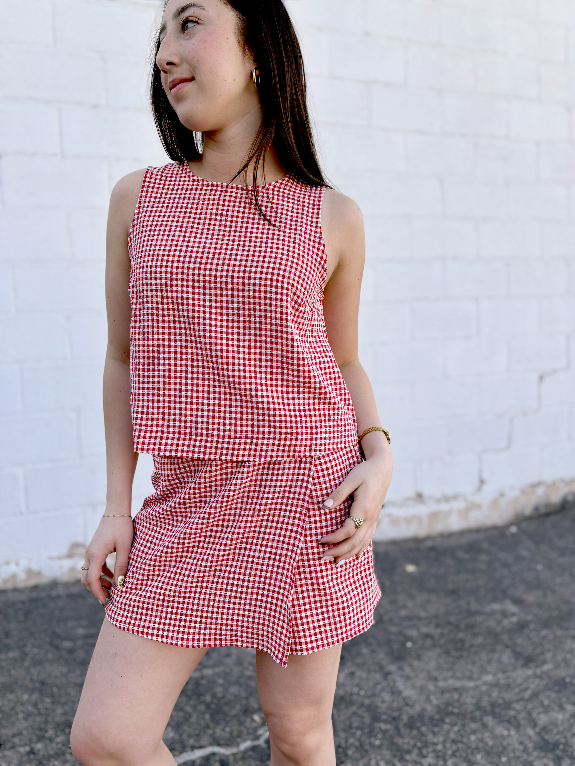 Red Gingham outfit set with sleeveless top and skort