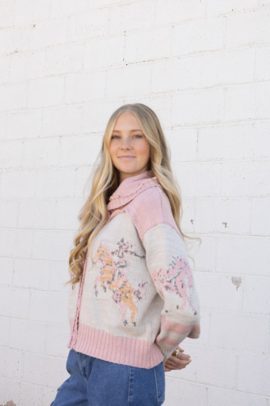 Cute Button up sweater with horse and cowboy on the front